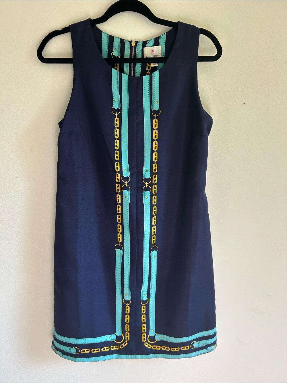 JB by Julie Brown Navy Shift Dress Aqua & Gold Chain Detail Size 4 100% Silk